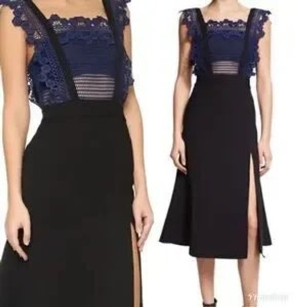 Self-Portrait Angelique‎ Frilled Split Front Dress Women's 4 Black Navy Luxury